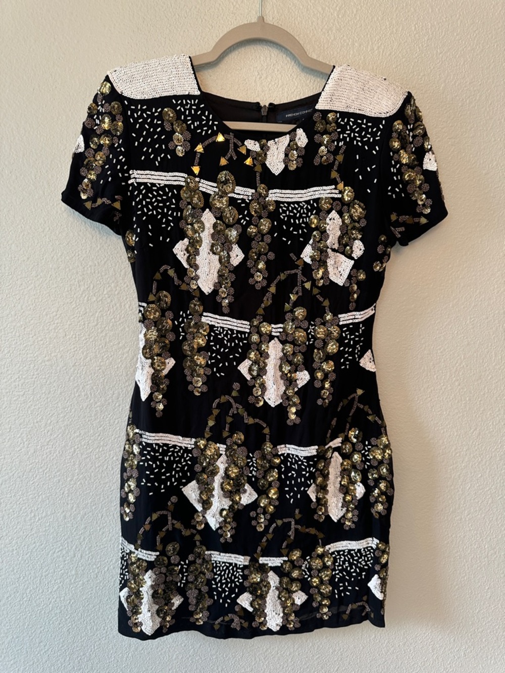 French Connection Black Mini Dress with Gold & White Embellishments